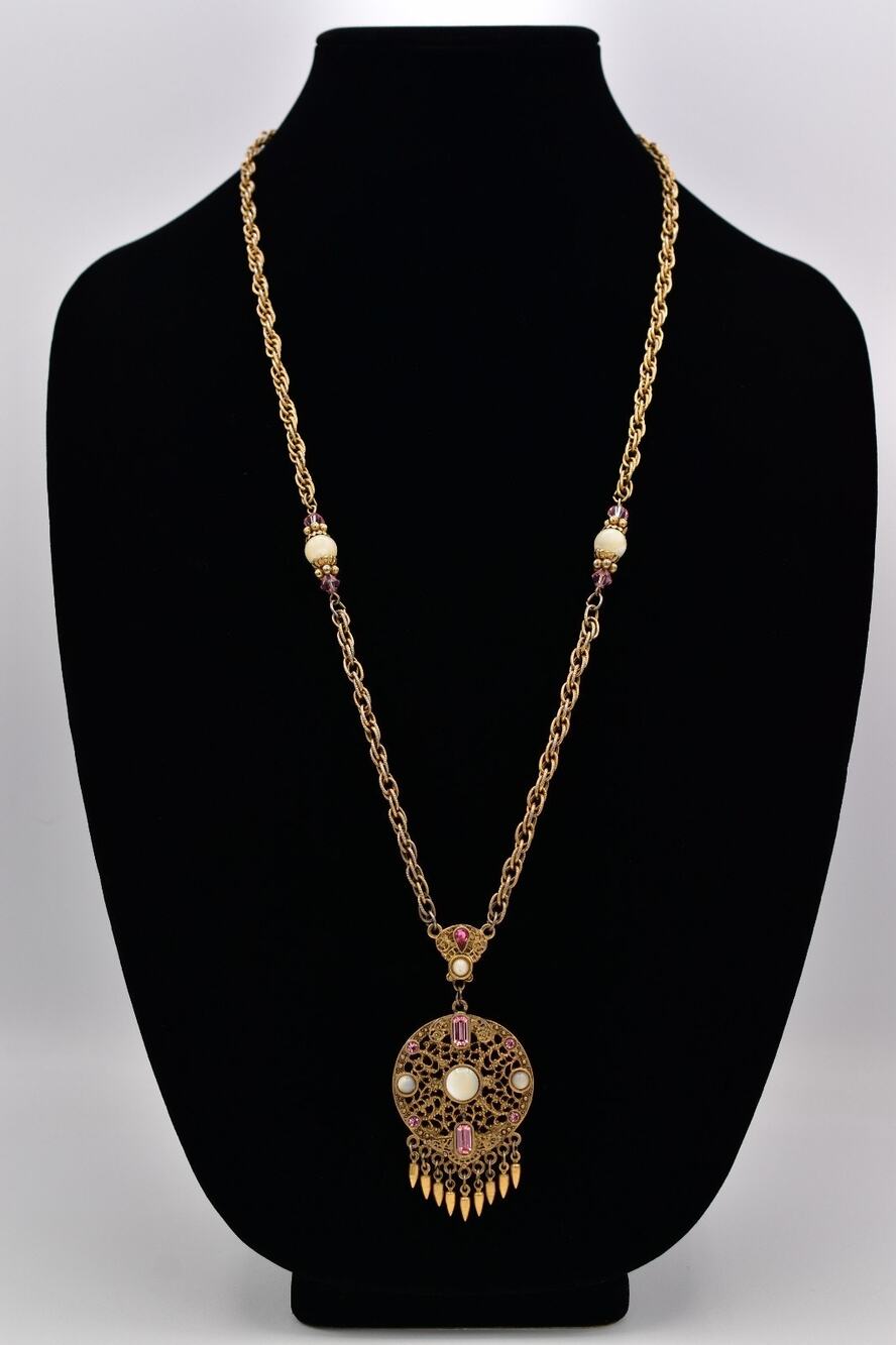 1928 Vintage Pink Crystal Cabochon Pendant Necklace Antiqued Gold Signed BinBL